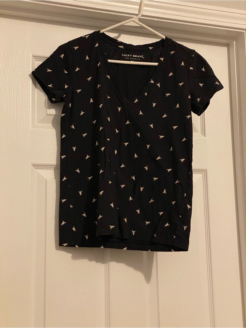 Lucky Brand Black V-Neck Short Sleeve Tee with Small Cream Bird Print